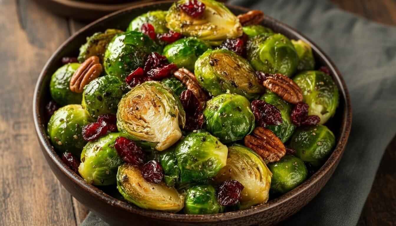 A bowl of crispy Maple-Roasted Brussels Sprouts with Cranberries and Pecans, glistening with glaze.