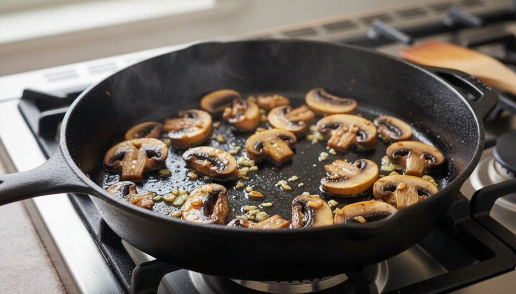 Sliced mushrooms sautéing in a pan with olive oil and garlic.