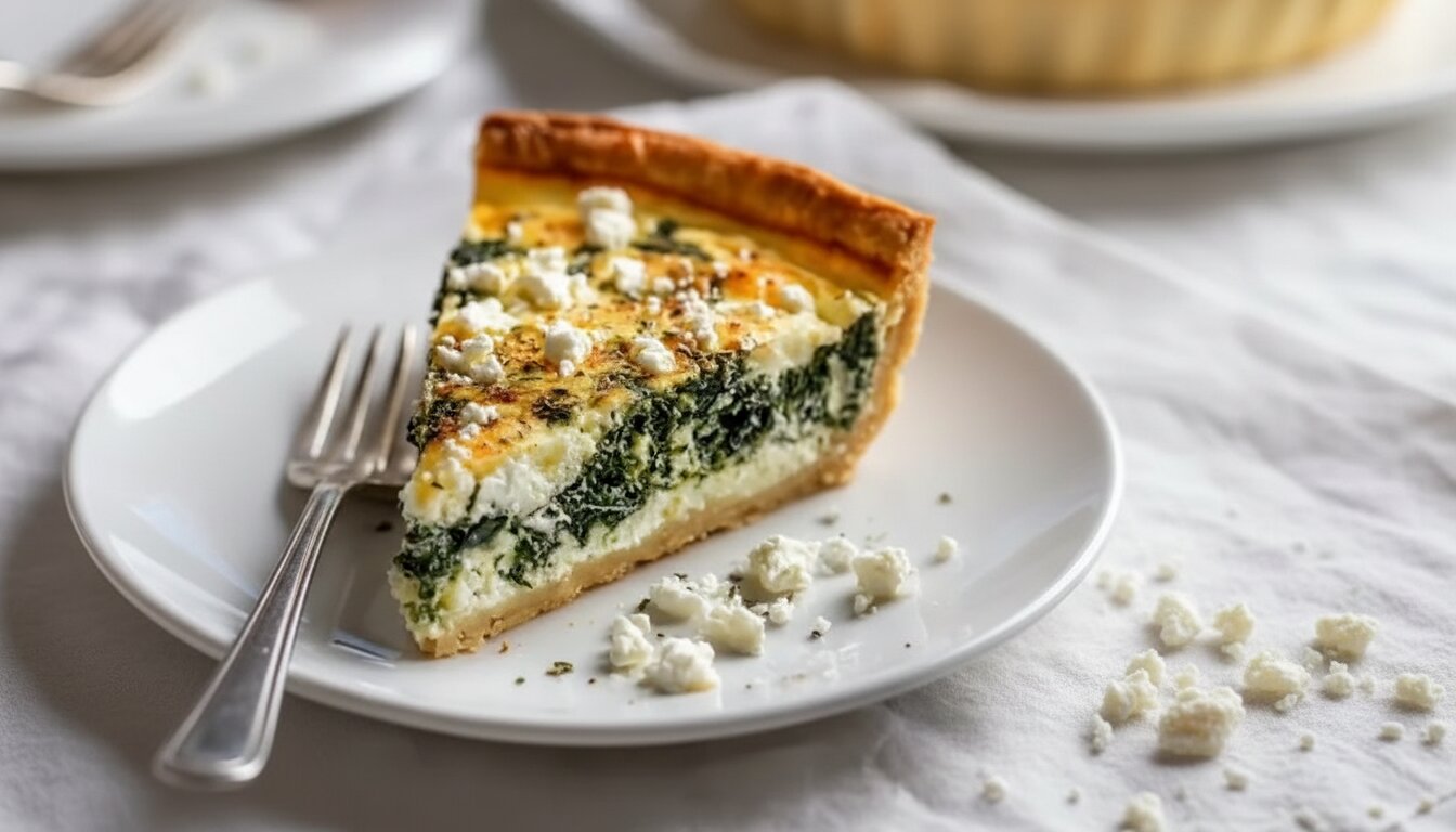 Golden brown Spinach and Feta Quiche on a white plate