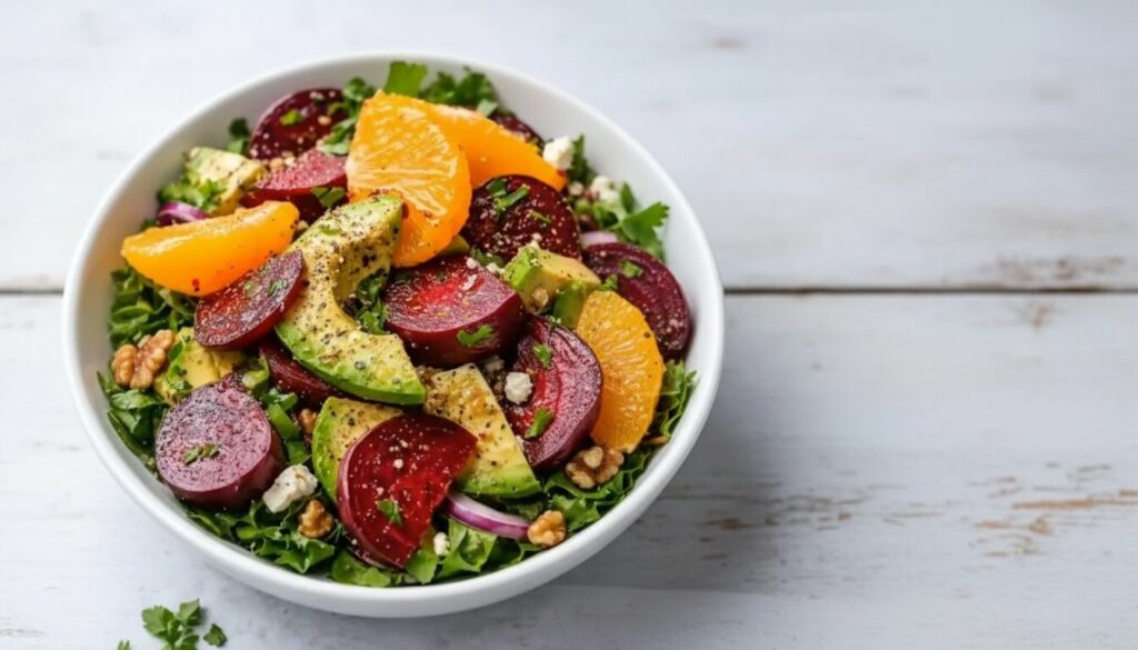 Roasted Beet, Orange, and Avocado Salad on a white platter.