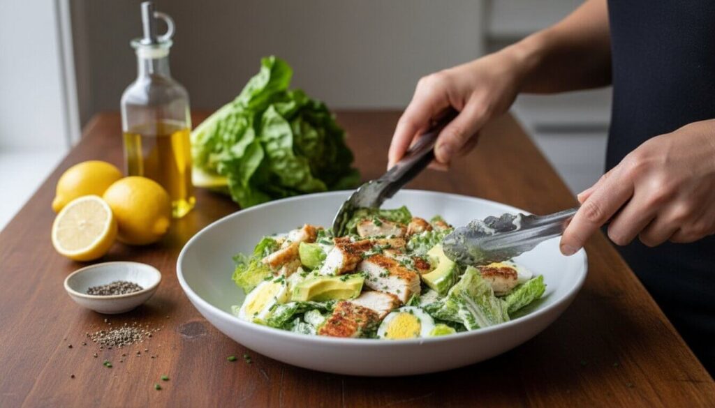 Preparing a healthy Mediterranean diet salad bowl with fresh ingredients.