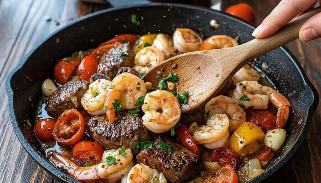 Cooking steak and shrimp in one pan with garlic and olive oil.