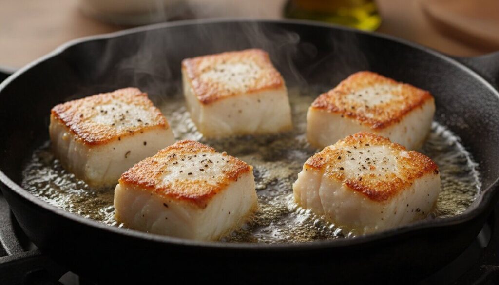 Searing cod cubes in a skillet for a Mediterranean fish recipe.