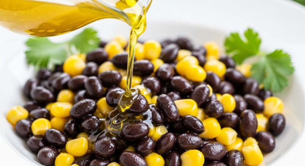 Close-up of fresh lemon dressing being poured over a healthy black bean salad.