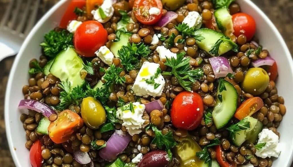 Overhead view of Mediterranean Lentil Salad with feta and fresh herbs in a white bowl.