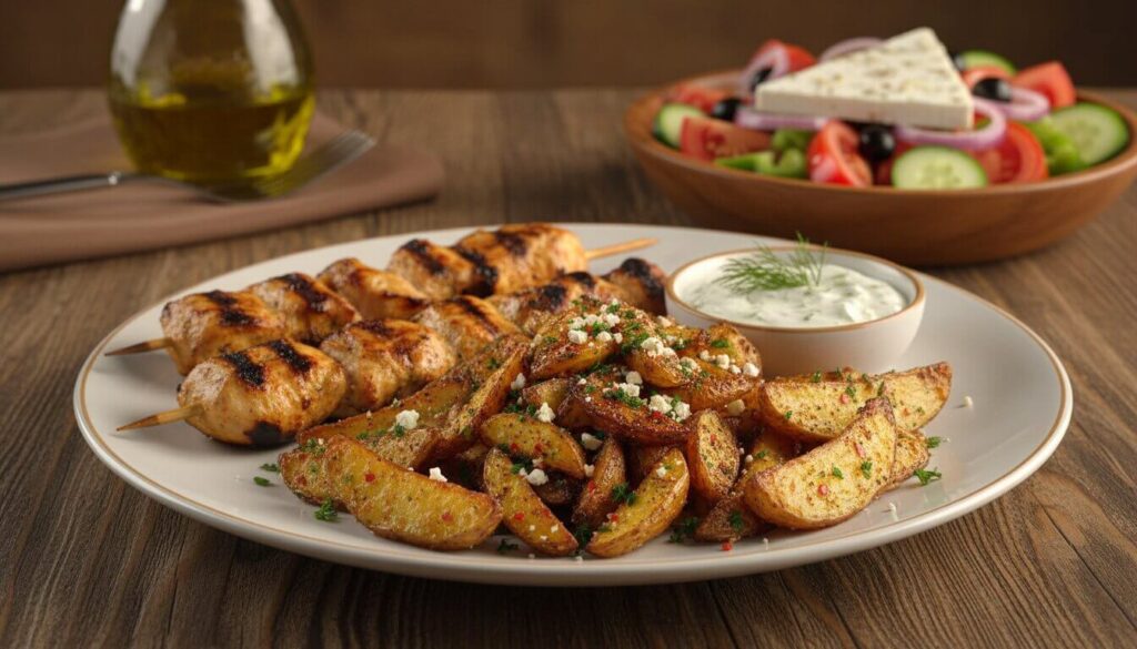 Serving suggestion: Greek potato wedges plated with grilled chicken souvlaki and tzatziki.