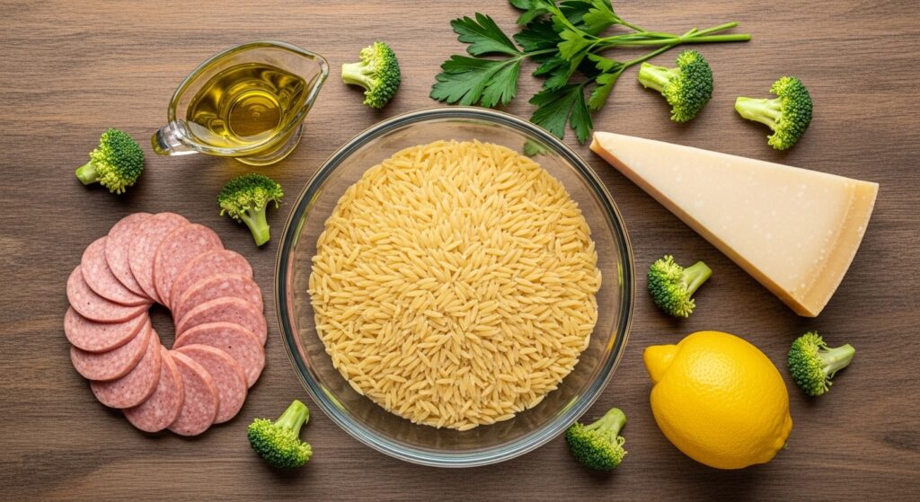 Ingredients laid out for a healthy chicken sausage pasta recipe, including orzo, broccoli, and sliced sausage.