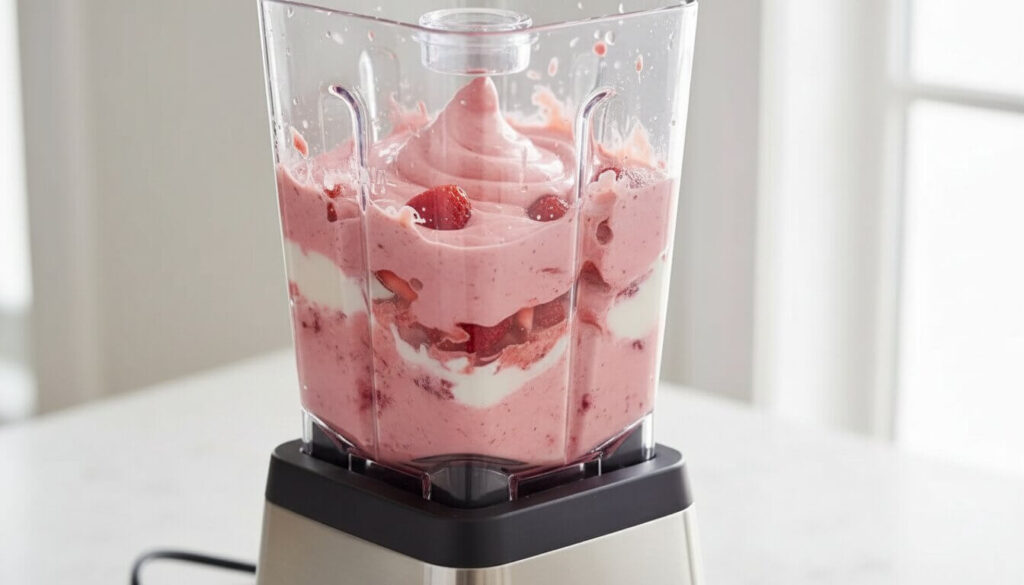 Blending frozen strawberries and Greek yogurt into a smooth ice cream consistency.