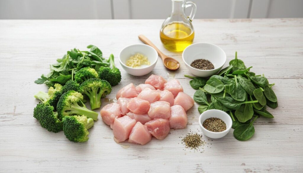 Ingredients for Mediterranean Garlic Chicken with Broccoli and Spinach recipe.