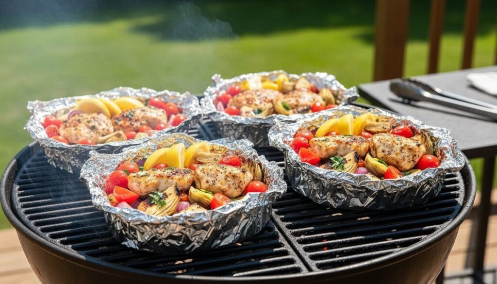 Grilling Mediterranean chicken packets on an outdoor grill.