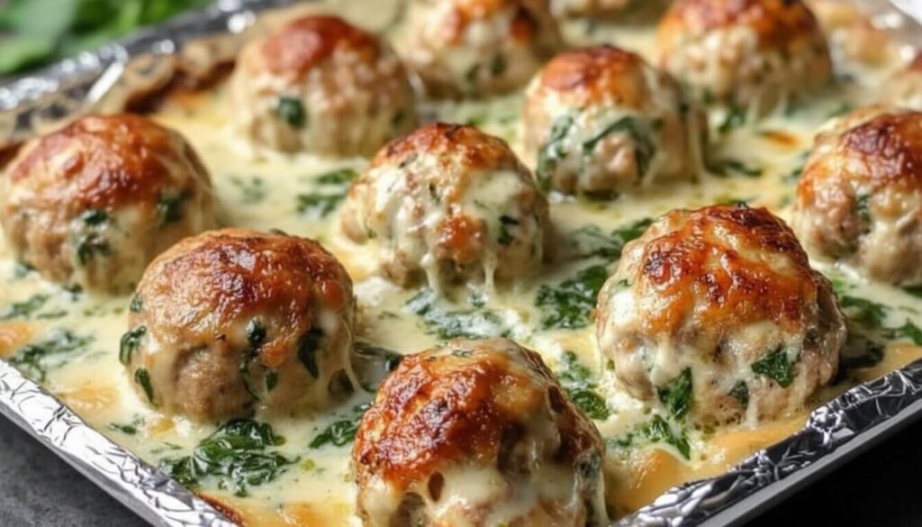 Baked chicken ricotta meatballs in spinach alfredo sauce in a skillet.