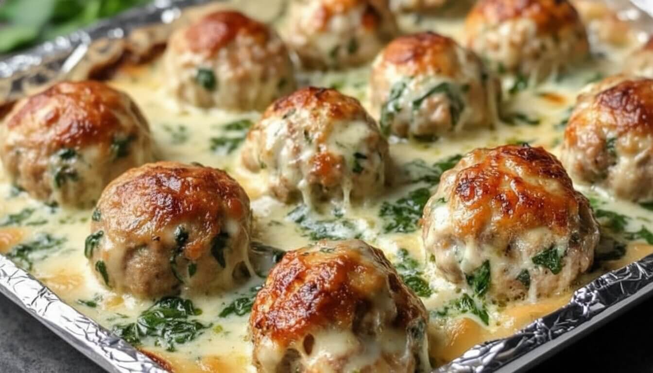 Baked chicken ricotta meatballs in spinach alfredo sauce in a skillet.