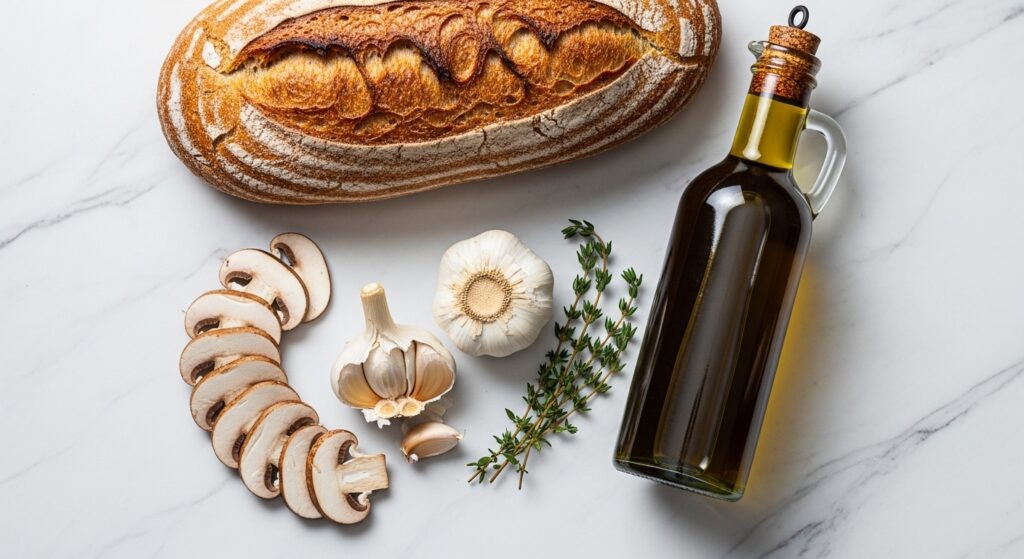 Raw ingredients for garlic mushroom toast including sourdough, mushrooms, and garlic.