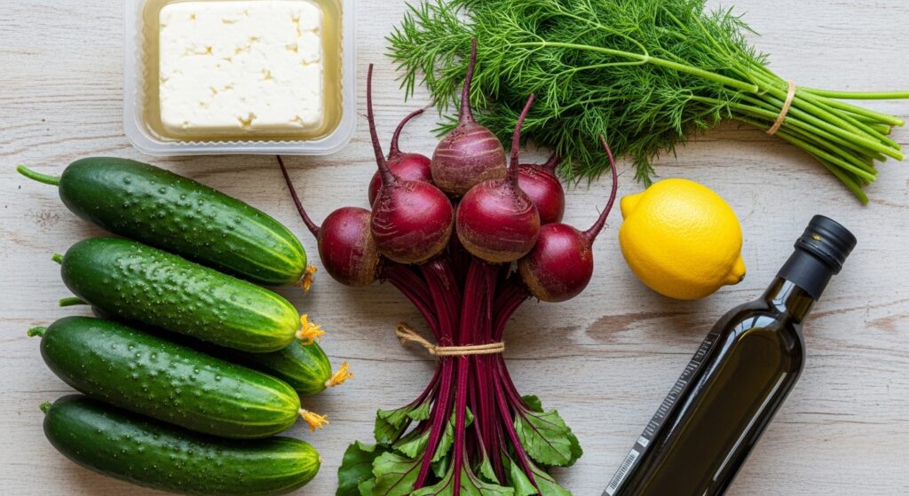 Fresh ingredients for beet and cucumber salad including feta and dill.