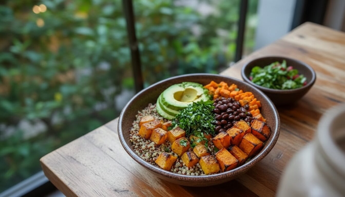 Overhead shot of a healthy Sweet Potato and Black Bean Buddha Bowl recipe with fresh vegetables and quinoa base.