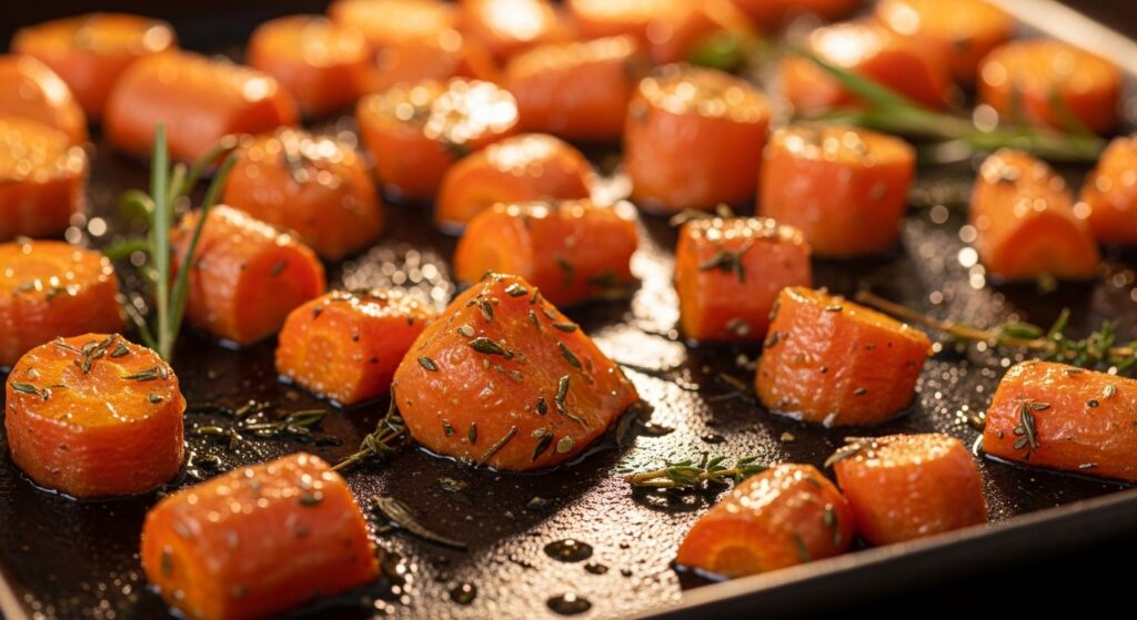 Carrots roasting on a baking sheet with olive oil and herbs.