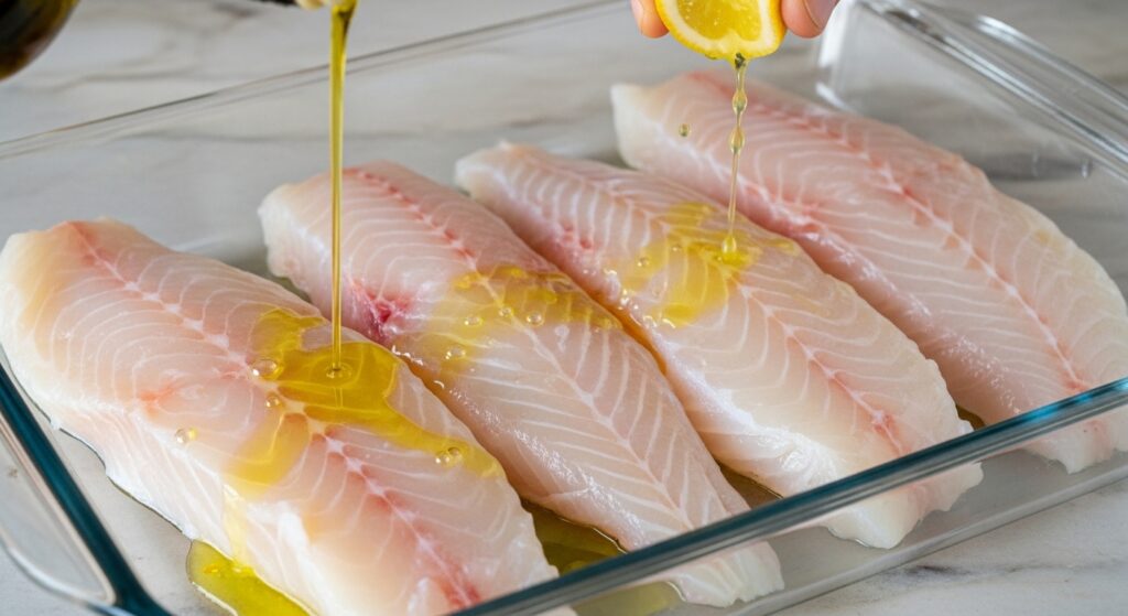 Fresh raw cod fillets in a baking dish with olive oil.