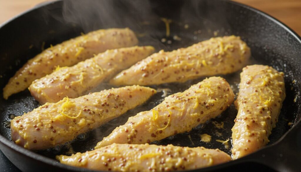Searing Lemon Dijon chicken strips in a skillet for a Mediterranean recipe.