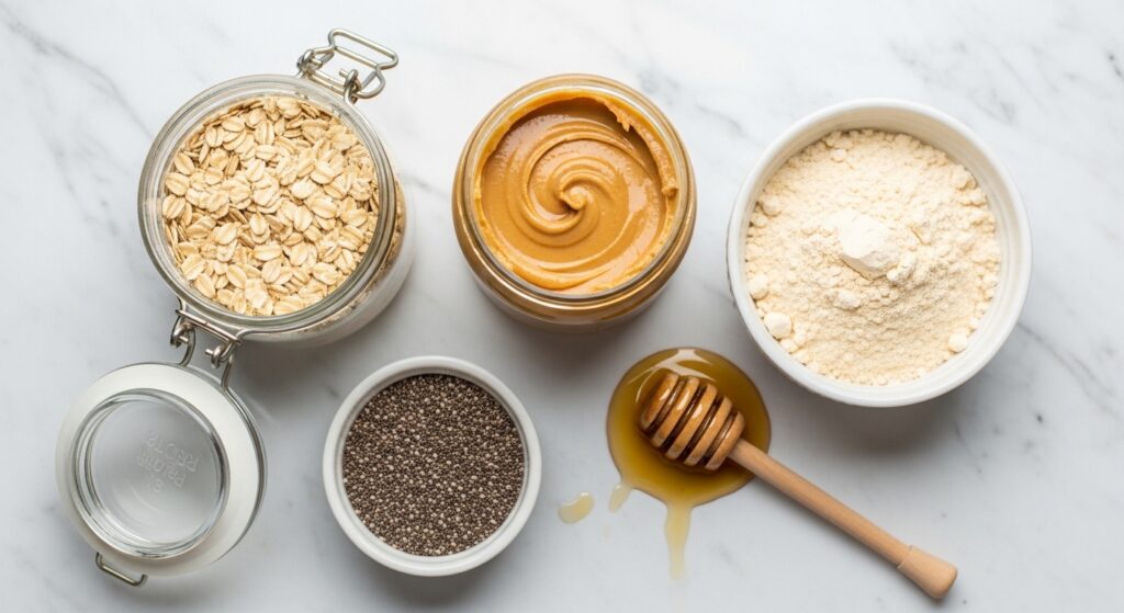 Ingredients for healthy protein balls with oats including peanut butter and chia seeds.