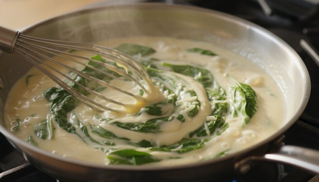 Fresh spinach wilting into a creamy white alfredo sauce.