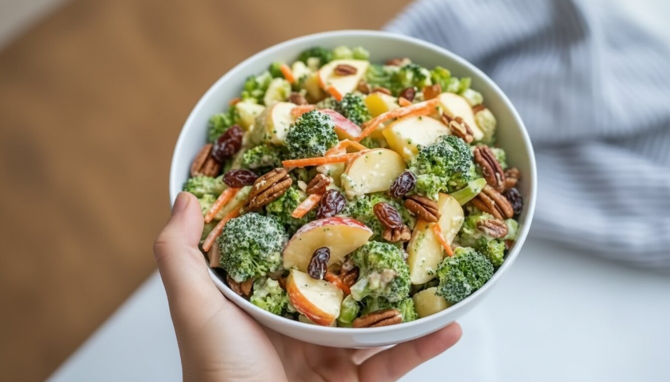 A colorful bowl of healthy broccoli apple salad recipe with no mayo, showing finely chopped broccoli, red apples, and sunflower seeds.