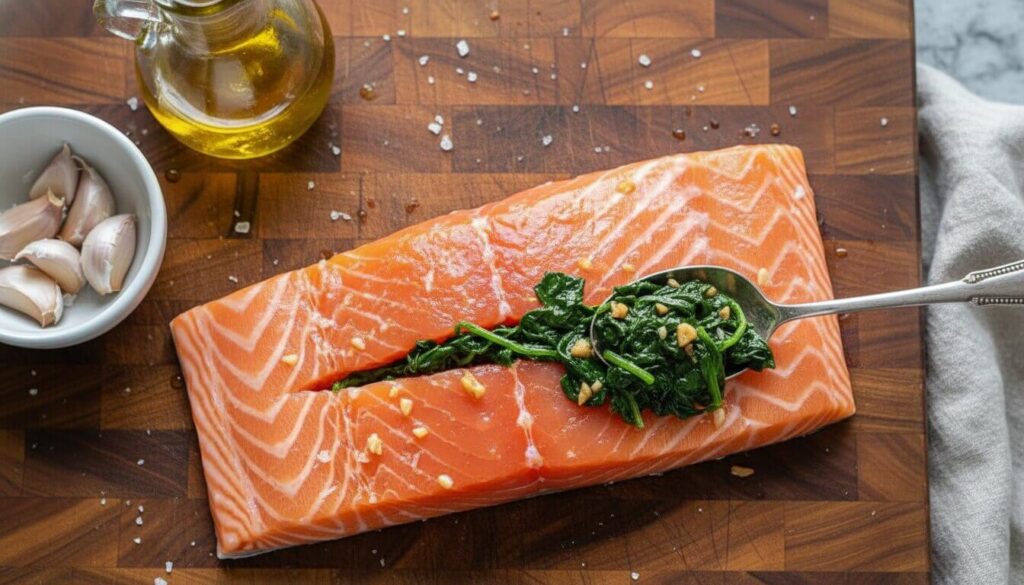 How to stuff salmon fillets with spinach and garlic.