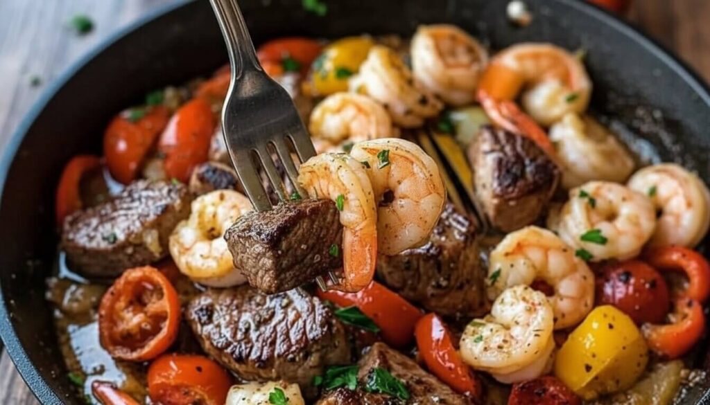 Bite-sized Mediterranean garlic butter steak and shrimp.