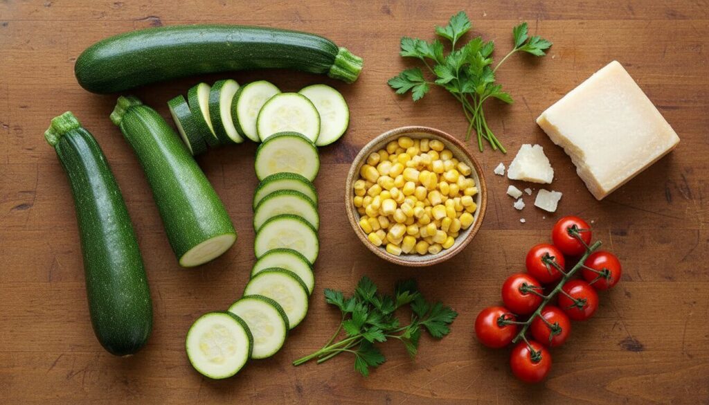 Fresh Mediterranean ingredients for a zucchini corn casserole spread on a rustic wooden table.