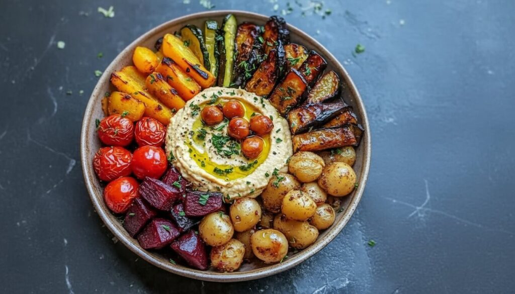 Sheet pan of roasted Mediterranean vegetables with olive oil and herbs.