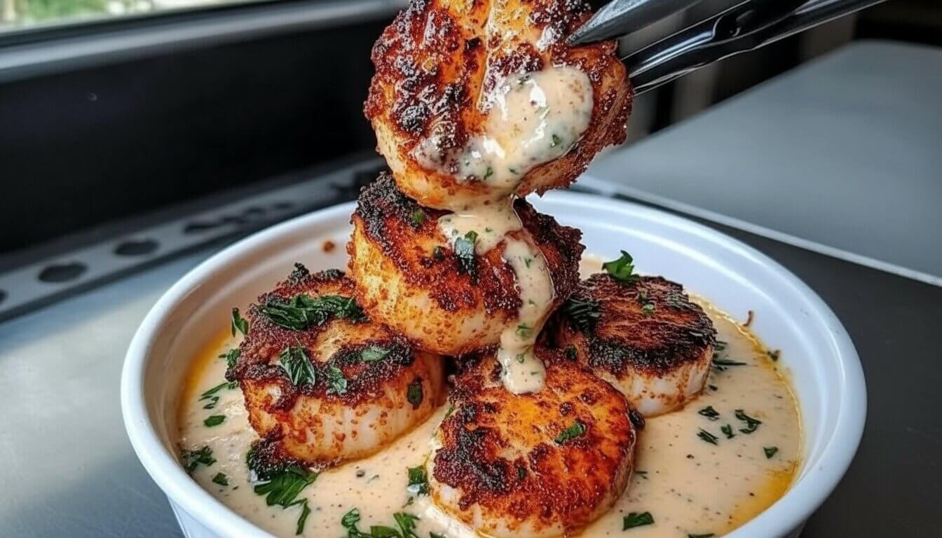 Close-up of sea scallops searing in a pan with a golden-brown crust.