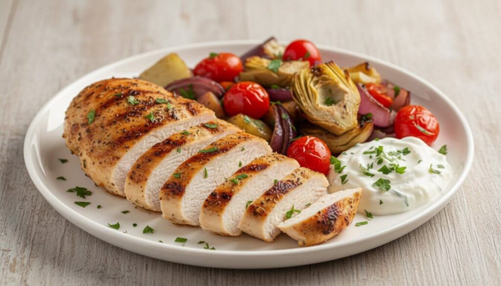 Served Mediterranean grilled chicken dinner with roasted vegetables and herbs.