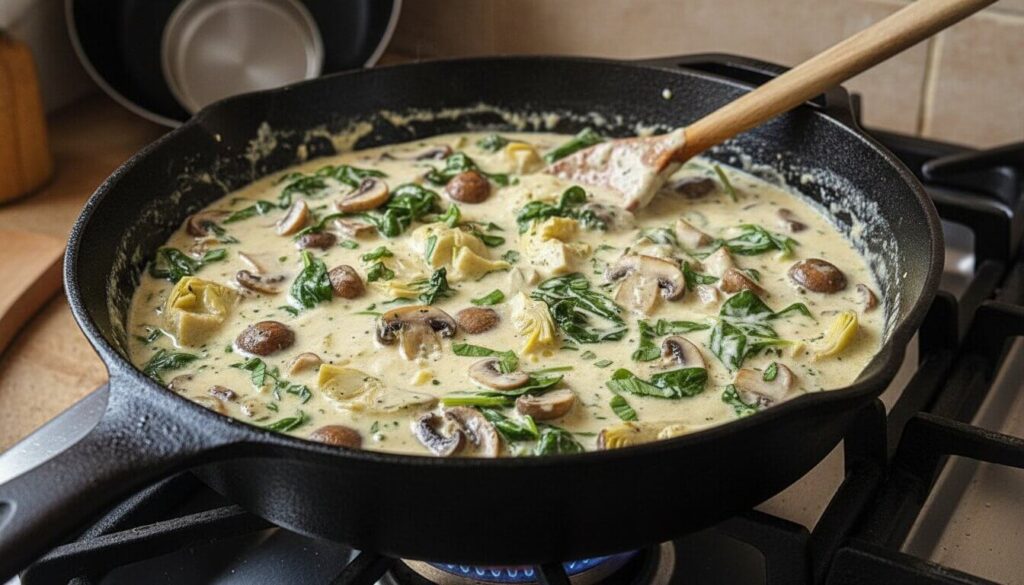 Creamy healthy spinach artichoke chicken sauce without cream being stirred in a pan.