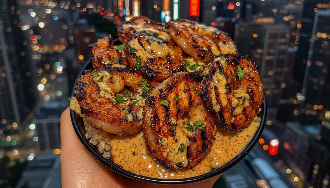 Creamy Garlic Butter Shrimp Rice Bowl with Jasmine Rice and Parsley.