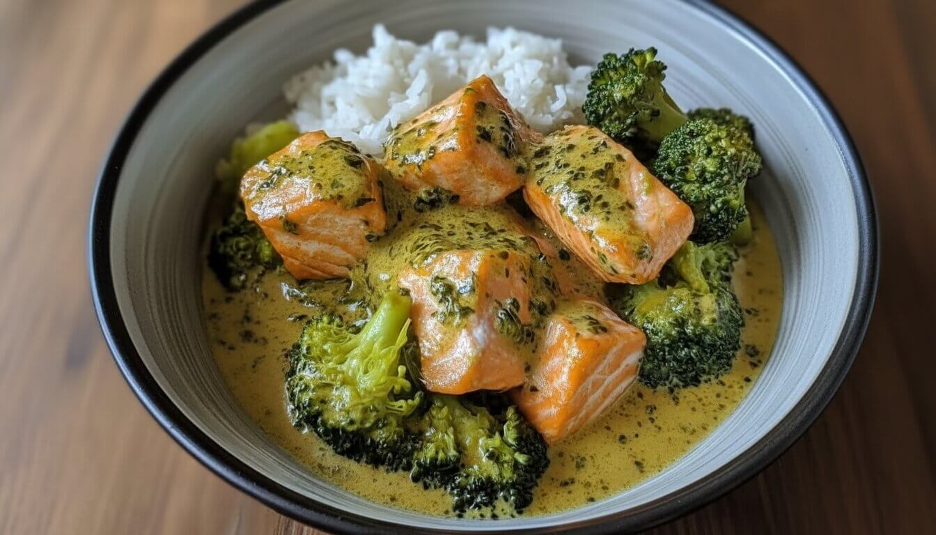 Creamy Turmeric-Tahini Salmon and Broccoli Bowl served over white quinoa in a ceramic bowl.