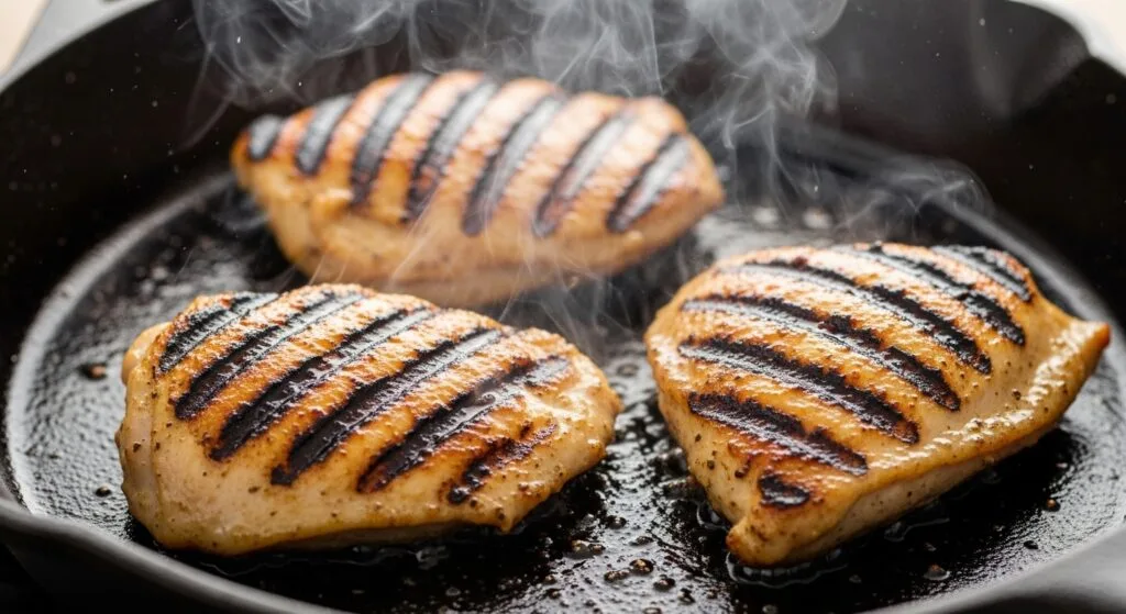 Grilling marinated chicken for a healthy dinner.