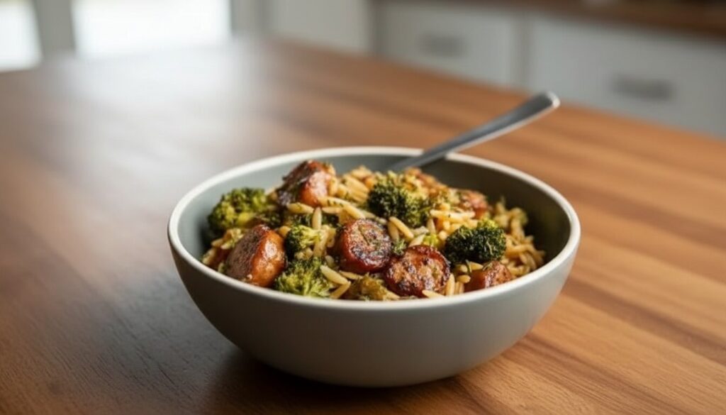Top-down view of a chicken sausage and broccoli orzo skillet recipe