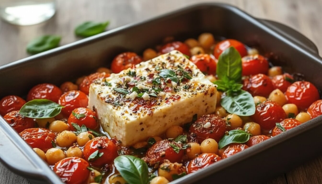 Golden brown baked feta and roasted tomatoes with chickpeas.