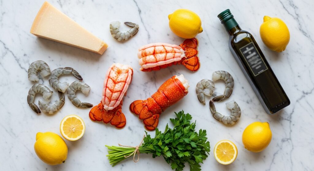 Raw ingredients for garlic parmesan seafood pasta.
