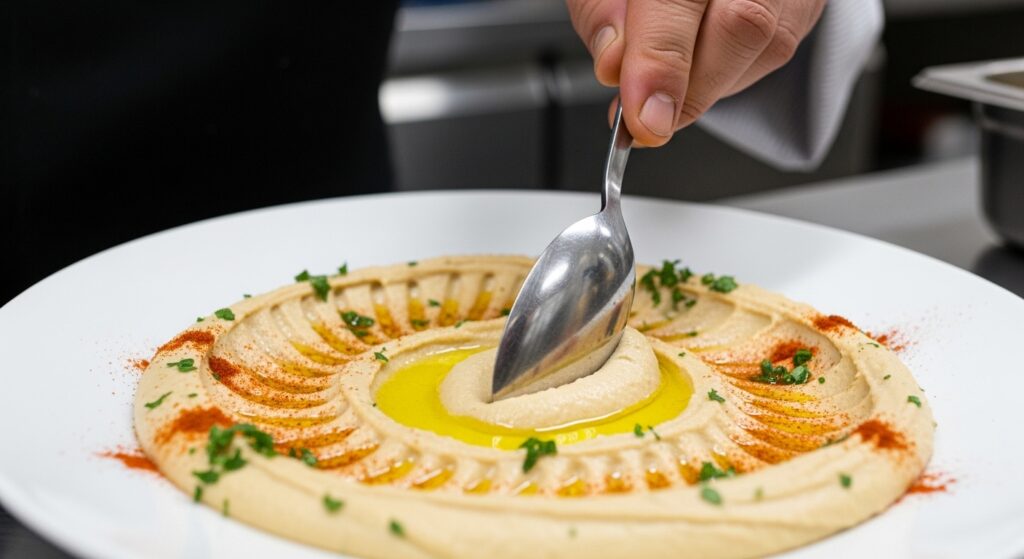 Using a spoon to create swirls and swooshes in a base of creamy hummus for a platter.