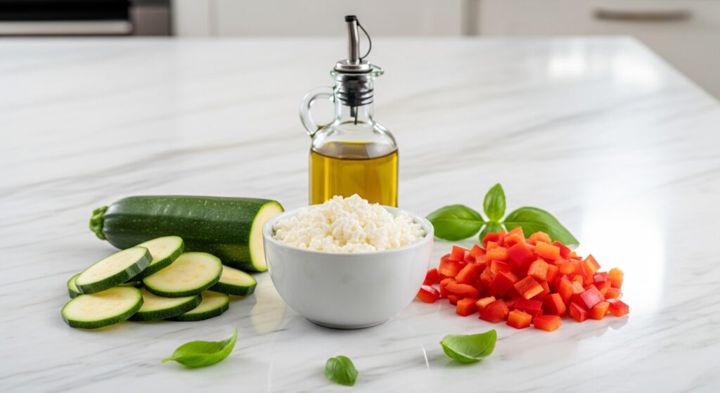 Ingredients for a healthy vegetable bake including cottage cheese and fresh produce.