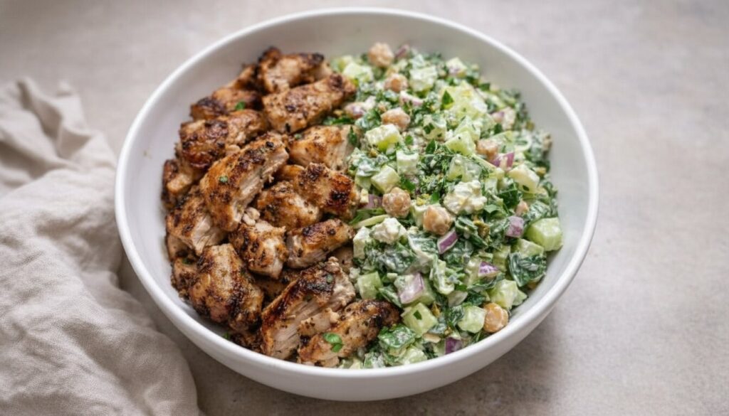 A colorful Mediterranean grilled chicken and herby green bowl loaded with feta, cucumber, avocado, and cherry tomatoes.