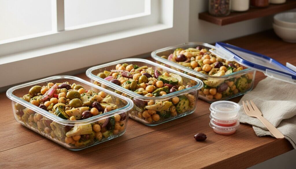 Meal prep containers filled with Mediterranean bean salad.