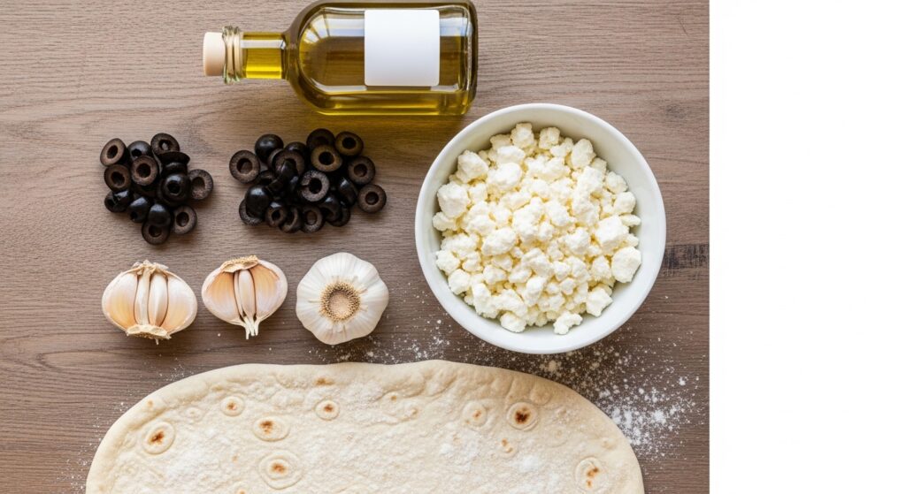 Fresh ingredients for Mediterranean flatbread recipe including olives, feta cheese, and olive oil.
