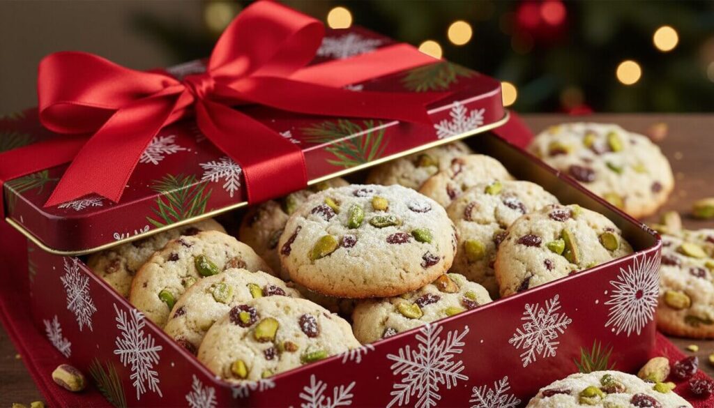 A holiday gift box filled with festive cranberry and pistachio cookies.
