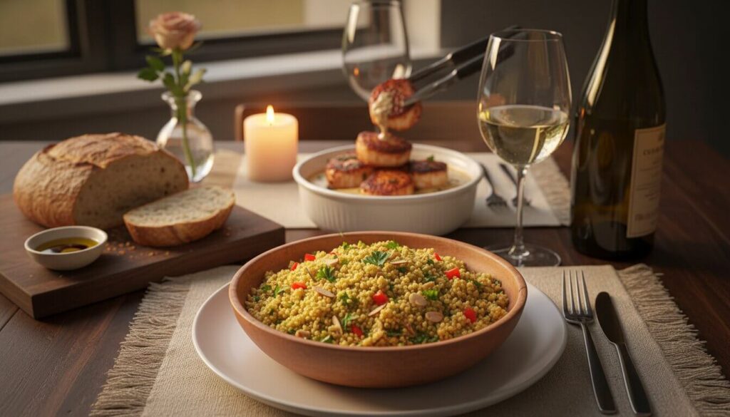 Mediterranean seafood dinner table with scallops, wine, and bread.