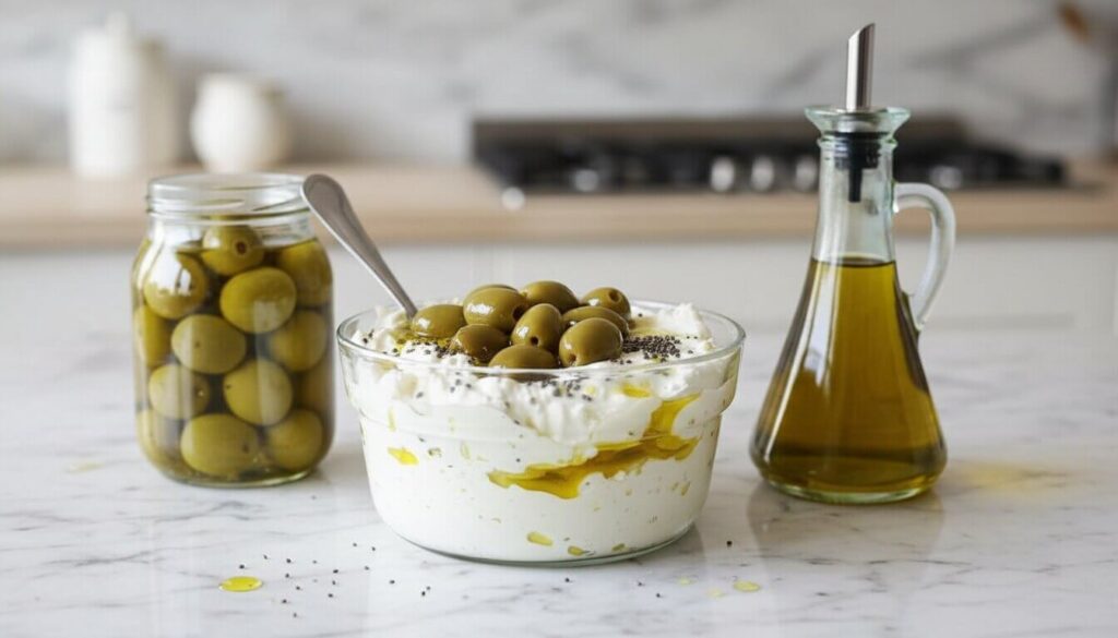 Ingredients for Mediterranean creamy olive & pickle bowl recipe on a counter.