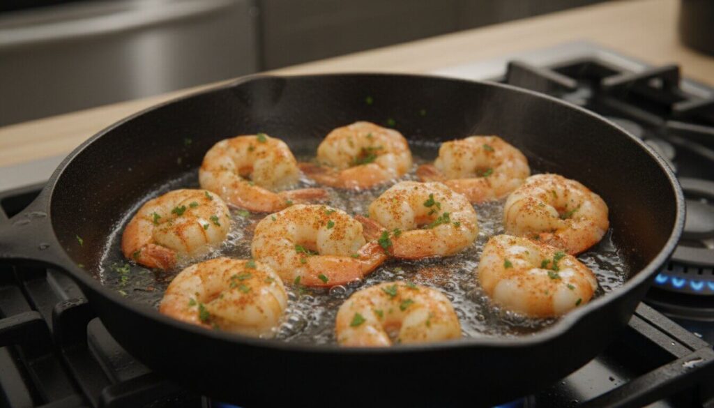 Sautéing seasoned shrimp in a skillet for Mediterranean salad.