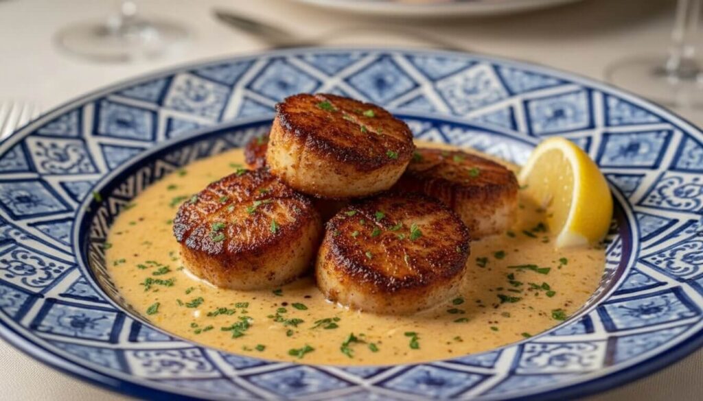 Plated seared scallops with spicy Cajun cream sauce and lemon garnish.