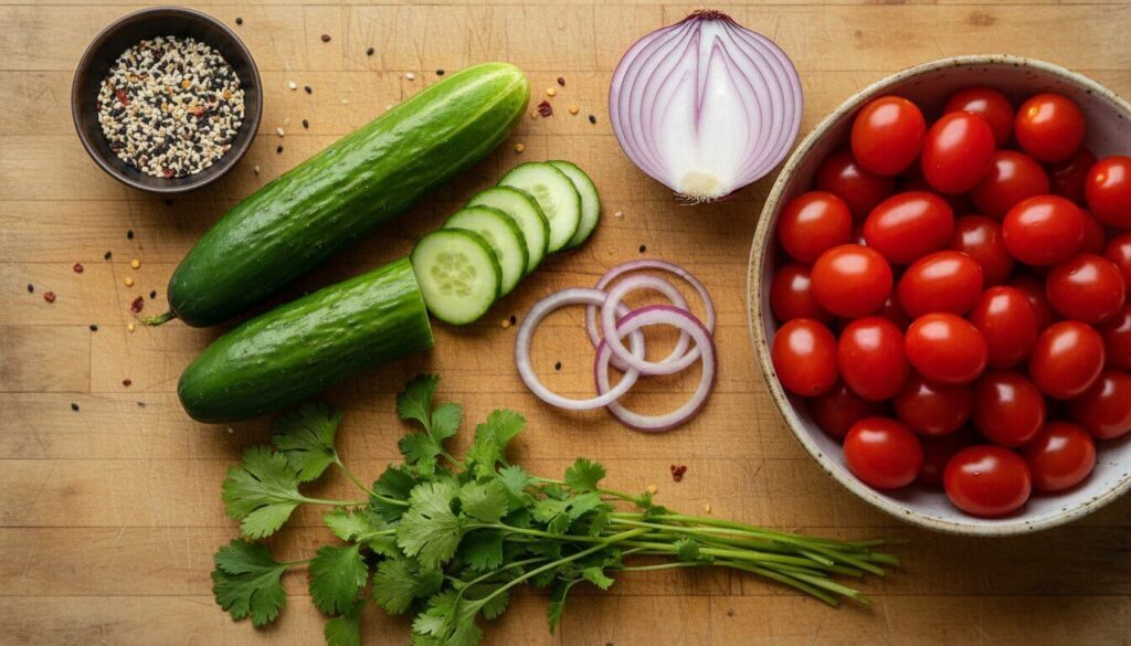 Fresh ingredients for healthy mediterranean cucumber salad.