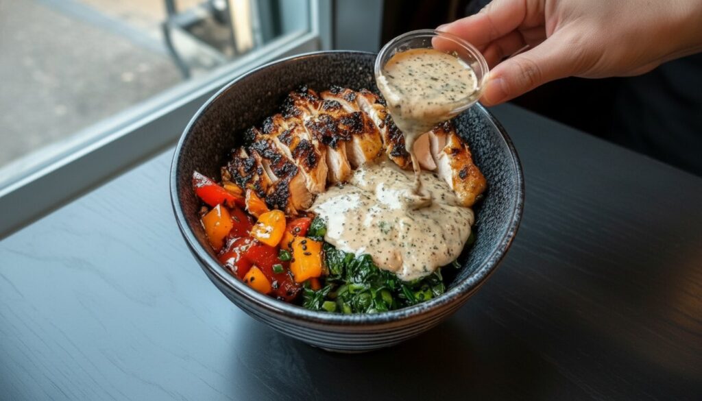 Overhead shot of a Honey Mustard Chicken Buddha Bowl with quinoa and fresh vegetables.